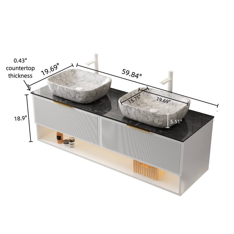 GDFStudio - Malone Modern Floating Bathroom Vanity with Pinstripe Drawers, Open Shelf & Marble Ceramic Basin, WITHOUT Faucet