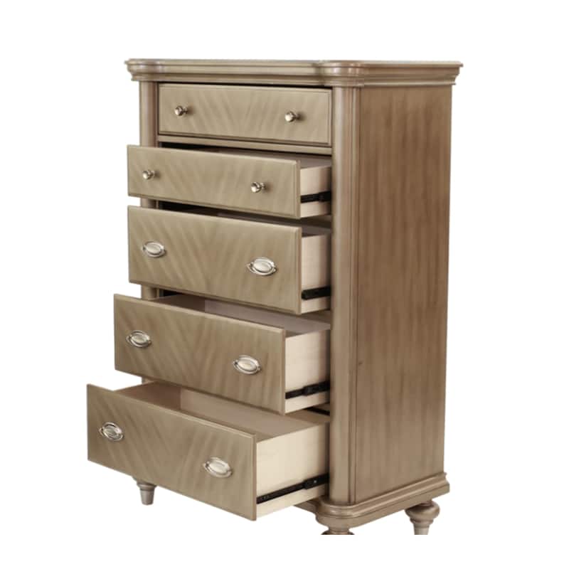 Ada 56 Inch 5 Drawer Tall Dresser Chest, Pine Wood, Chevron Pattern, Antique Champagne
