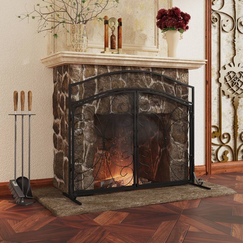 Classic Black Wrought Iron Fireplace Screen with Arched Double Doors, Decorative Mesh Fire Guard for Indoor Home Hearth Safety