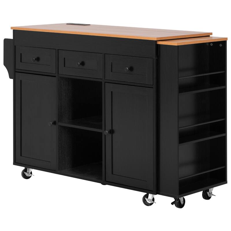 Extendable Dining Table Rolling Kitchen Island with 3 Side Open Shelves, Power Outlet, 3 Drawers and 2 Doors