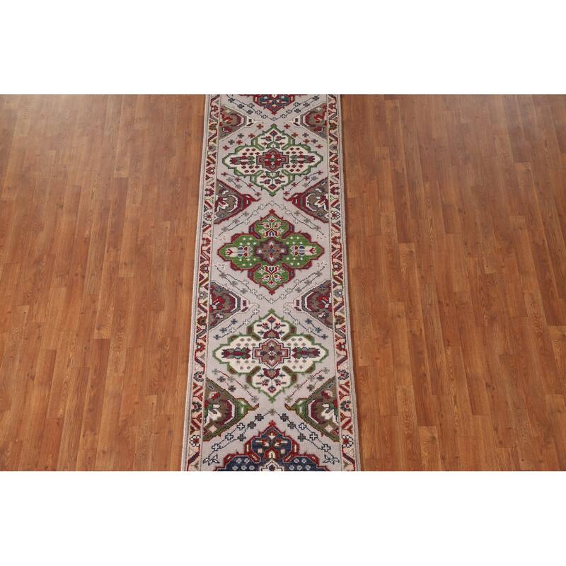 Geometric Grey Kazak Runner Rug Hand-Knotted Oriental Wool Carpet - 2'7"x 9'10"