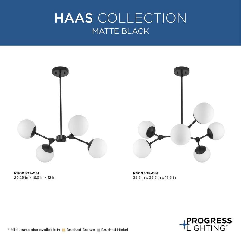 Haas Collection Six-Light Matte Black Mid-Century Modern Chandelier - 33.5 in x 33.5 in x 12.5 in