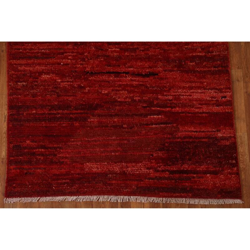 Hand Knotted Oriental 100% Wool Carpet Modern Stripe Red Moroccan Area Rug - 6' 4'' X 5' 2''