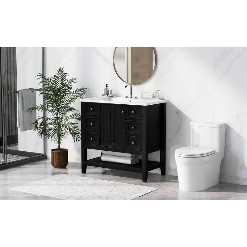 Bathroom Vanity with Sink, Bathroom Vanity with 1 Cabinet and 3 Drawers, Solid Wood Storage Cabinet with Open Shelf