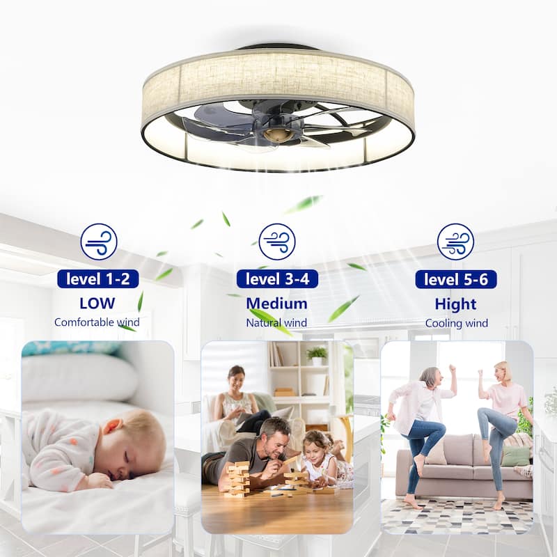 Cusp Barn 20" Farmhouse Flush Mount Ceiling Fan with Light, Quiet DC Motor Fabric Shade Fandelier Ceiling Fan For Living Room