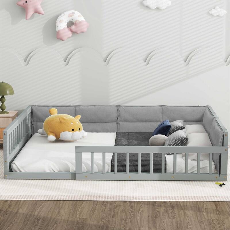 Full Size Montessori Floor Bed with Guardrail & Comfortable Pillow, Upholstered Platform Bed Toddler Bed without Slats for Kids