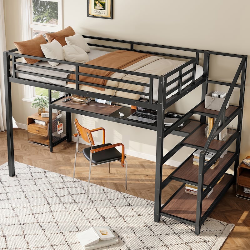 Twin XL Loft Bed with Desk, Storage Stairs & LED Lights - Metal Frame, USB Ports, Noise-Free