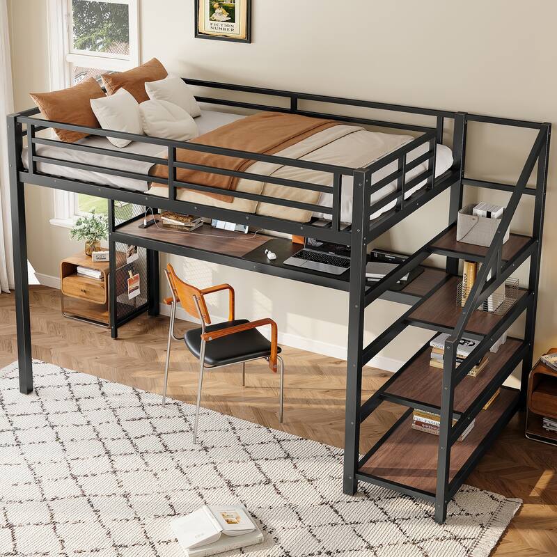 Twin XL Loft Bed with Desk and Storage Stairs, Metal Loft Beds with LED Lights, USB Ports, Multifunctional Iron Nets