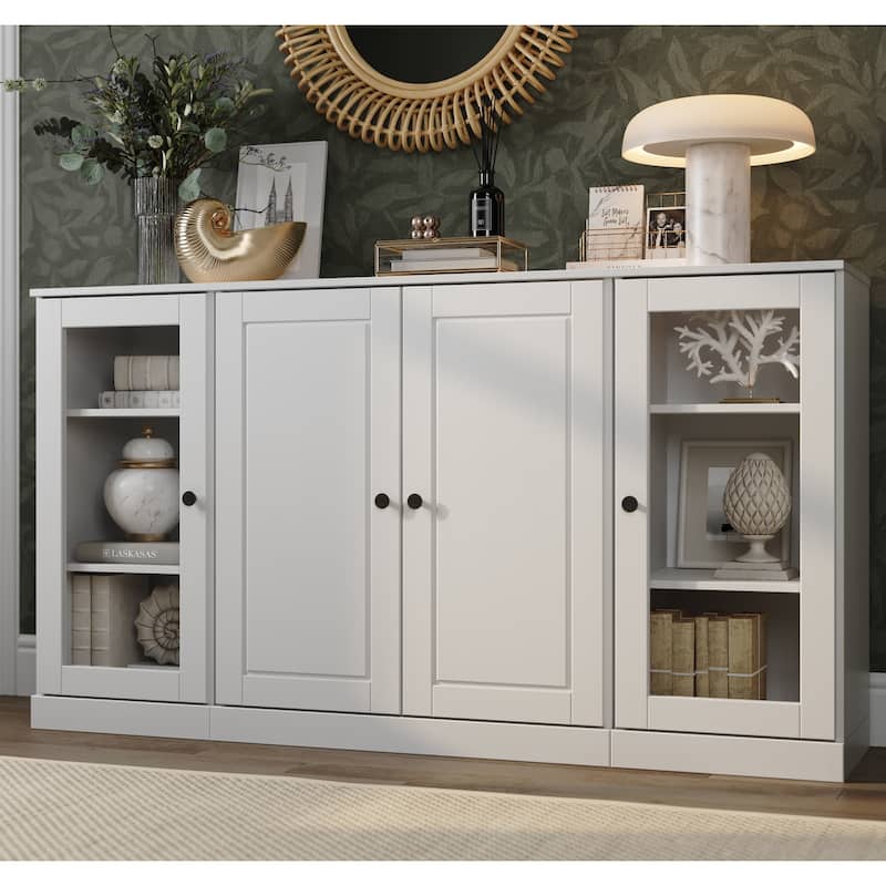 100% Solid Wood 65" Sideboard with Clear, Frosted Glass or Solid Wood Doors by Palace Imports - White - Glass-Solid