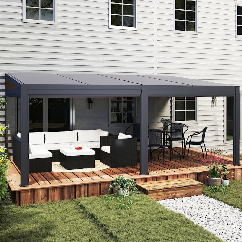 Erommy Wall-Mounted Pergola with Louvered Roof & Pull-Down Screen, Aluminum Awning for Patio or Deck