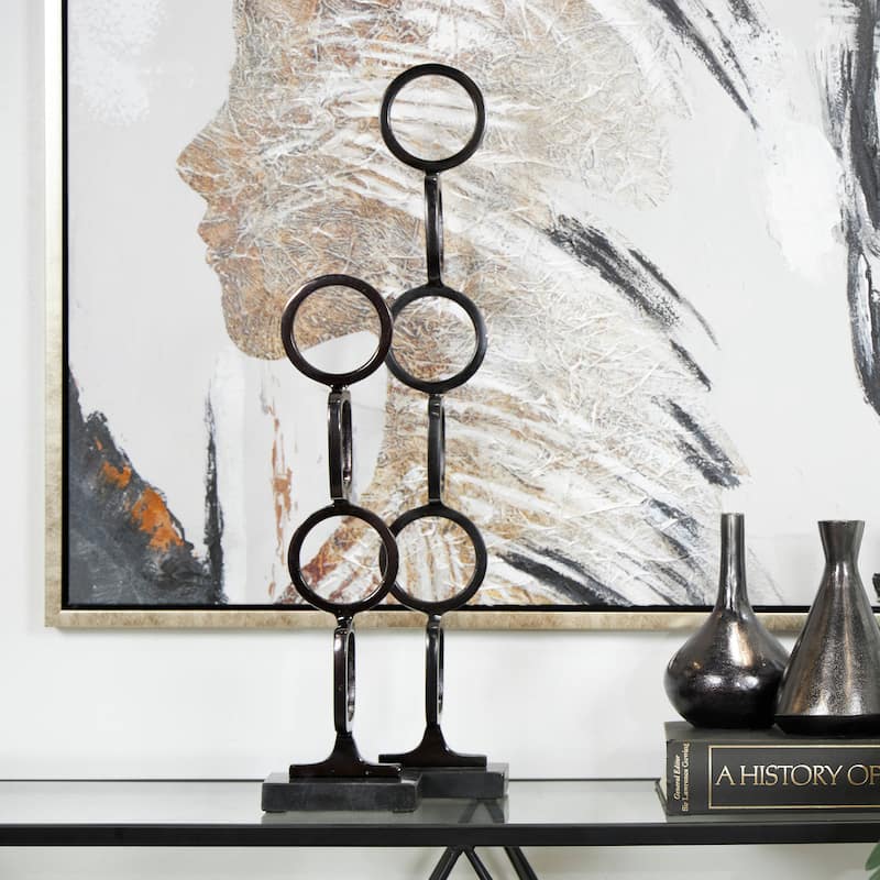 Silver, Gold or Black Aluminum Stacked Geometric Rings Sculpture with Marble Bases (Set of 2) - Black