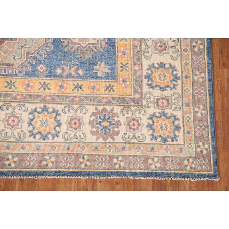 Geometric Blue Kazak Living Room Area Rug Hand-Knotted Wool Carpet - 6'8" x 9'9"