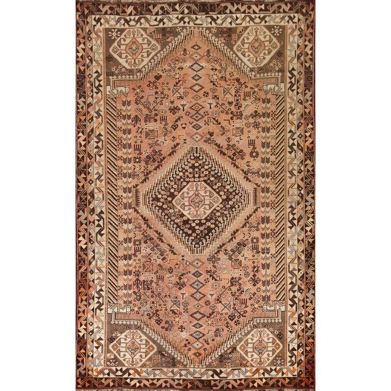 Hand Knotted Oriental 100% Wool Carpet Traditional Tribal Peach Shiraz Area Rug - 8' 7'' X 5' 6''