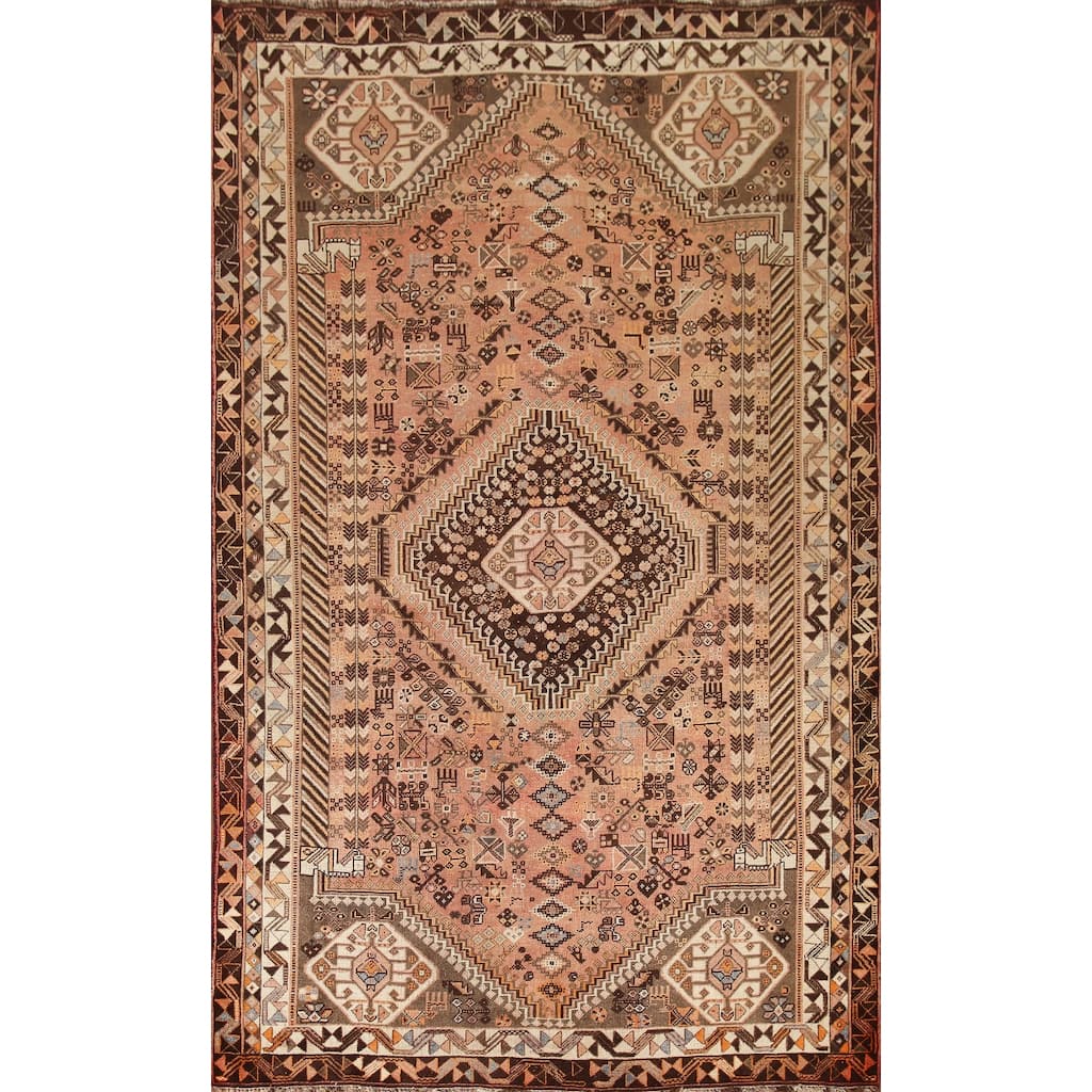 Hand Knotted Oriental 100% Wool Carpet Traditional Tribal Peach Shiraz Area Rug - 8' 7'' X 5' 6''