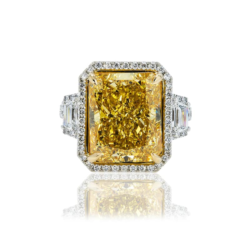 House Of Leon Platinum 12.65ct Radiant Fancy Vivid Yellow Diamond Ring 15.41ctw IGI