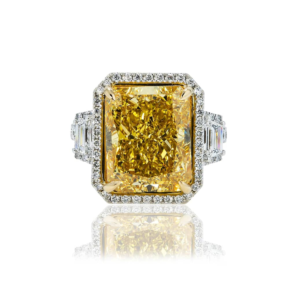 House Of Leon Platinum 12.65ct Radiant Fancy Vivid Yellow Diamond Ring 15.41ctw IGI
