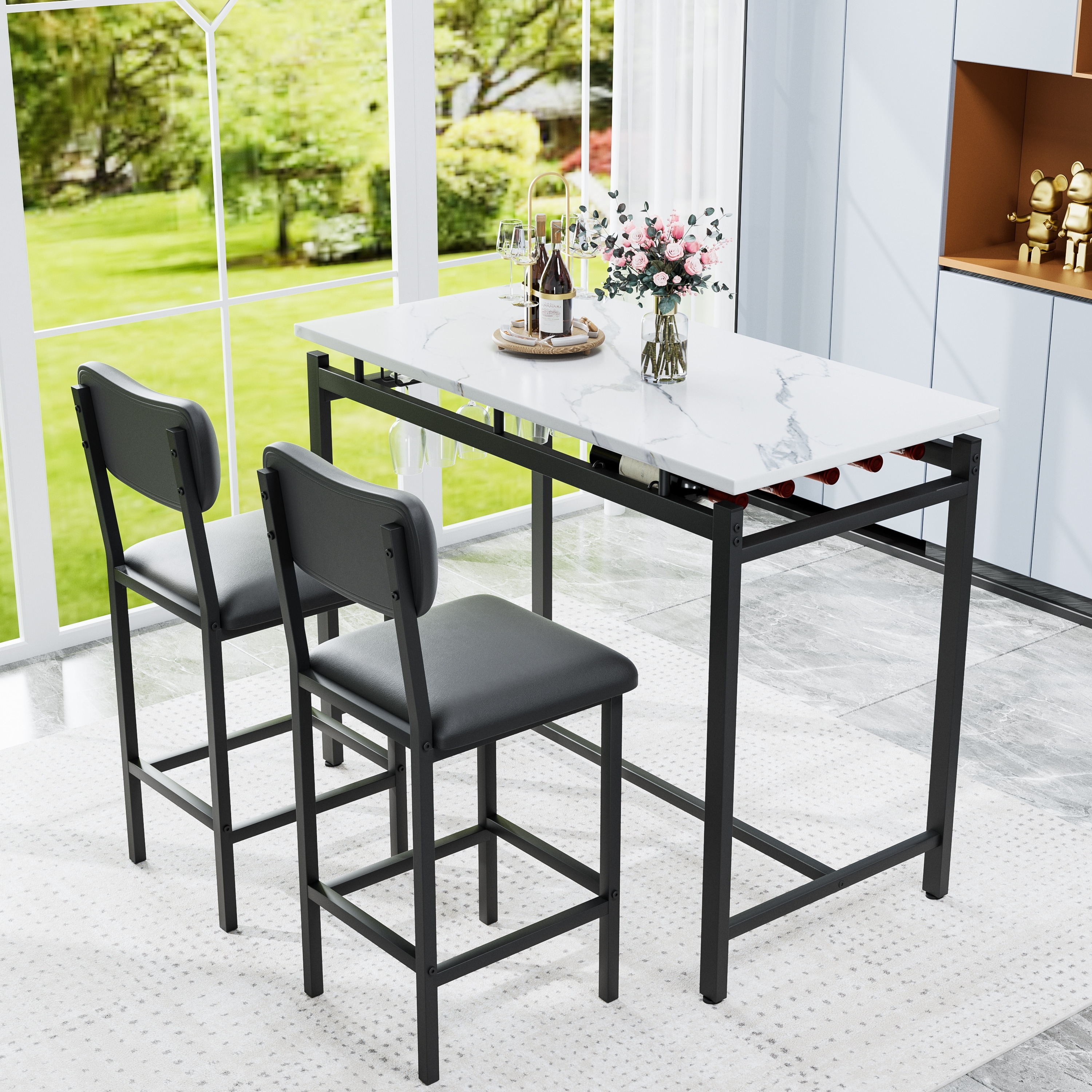 Kitchen Table Set, Dining Table and Chairs for 2, 3 Piece Dining Room Table Set with 2 Upholstered Chairs, Bar Dining Table Set