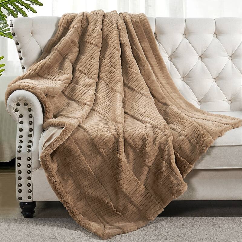 Sculpted Stripe FauxFur Throw Super Soft Cozy Blankets for Couch - 50" x 60" - Light Taupe
