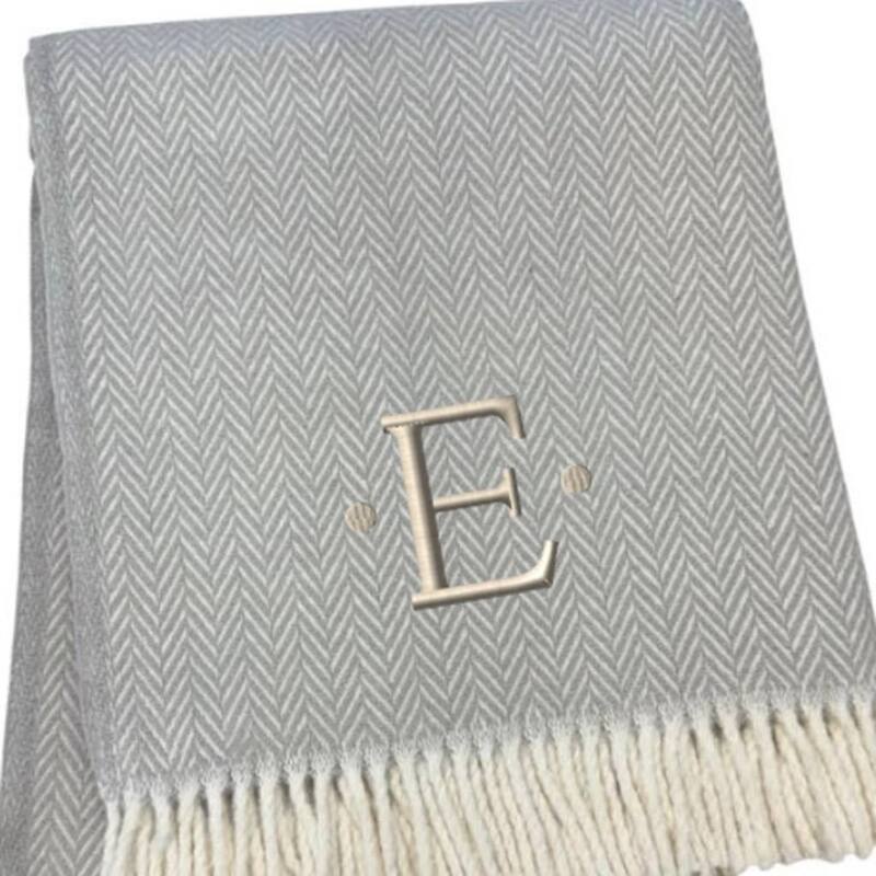 55" X 70" Gray And White Herringbone Cotton Blend A Initial Throw Blanket with Tassels And Embroidery