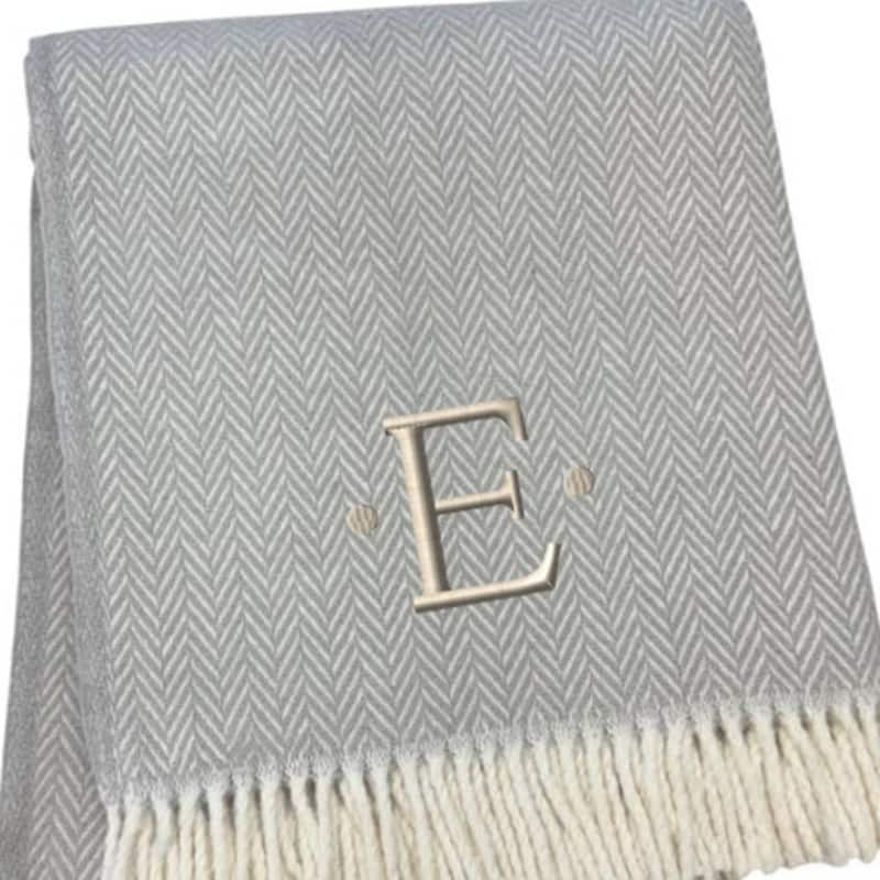 HomeRoots 55" X 70" Gray And White Herringbone Cotton Blend E Initial Throw Blanket with Tassels And Embroidery