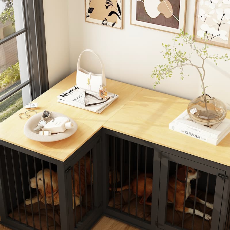 Corner Dog Crate Furniture with Removable Divider, Large Wooden Top Pet Crate End Table for Living Room