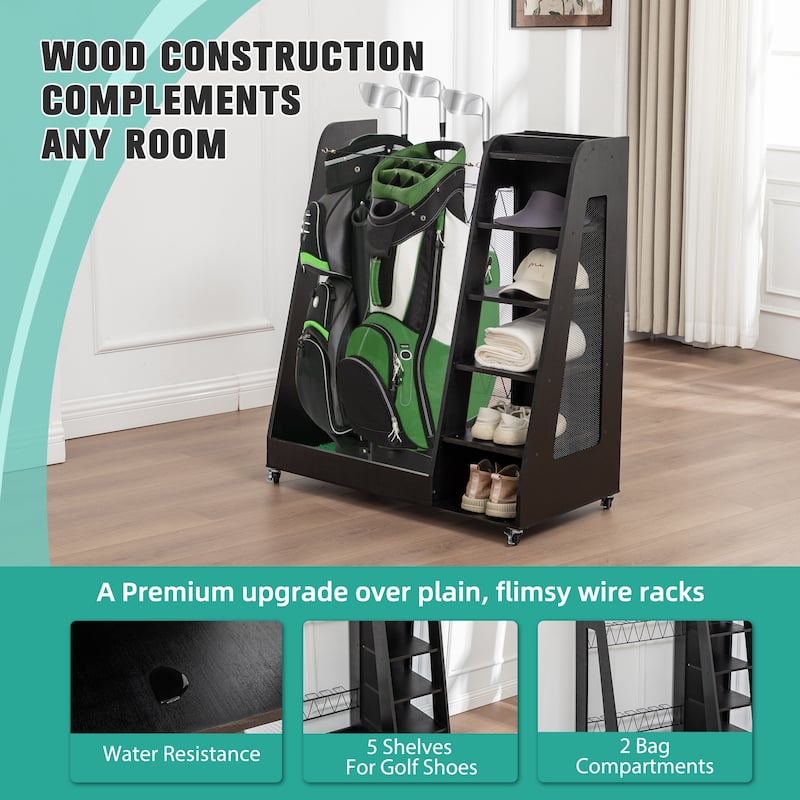 Golf Bag Organizer Rack - Premium 2-Bag Wooden Storage Stand for Garage or Shed - 35.5" L x 18" W x 40" H