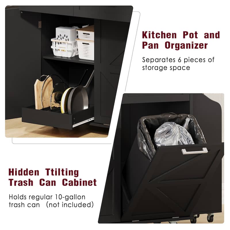 Anmytek Rolling Kitchen Cart with Drop Leaf Foldable Countertop Barn Door Storage Cabinet for Small Spaces