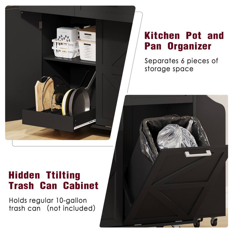 Roomfitters 47.2" Farmhouse Kitchen Island with Drop Leaf, Tilt Trash Can Cabinet, Removable Mobile Side Racks