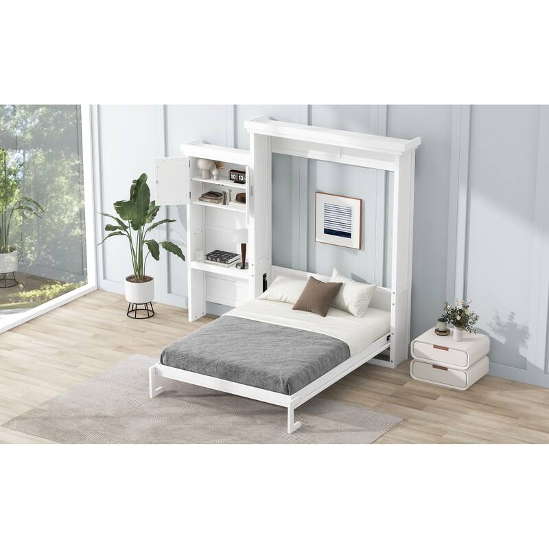 Queen Size Murphy Bed Convertible Louvered Style Cube Cabinet Foldable Platform Bed with Side Storage Bookcase Cabinet Shelves