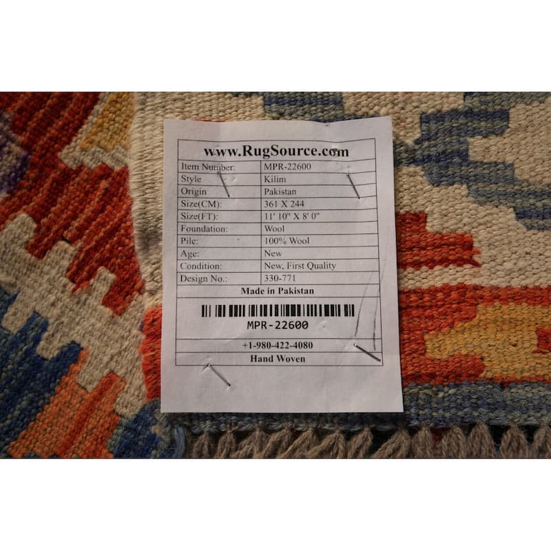 Geometric Kilim Reversible Area Rug Hand-Woven Wool Carpet - 8'0" x 11'10"