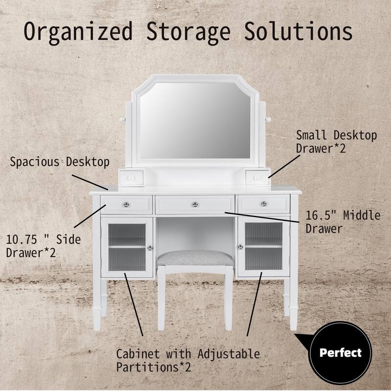 44.4" Makeup Vanity Desk with Large Adjustable Mirror, Dressing - White