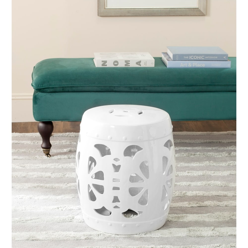 SAFAVIEH Rivkah Stencil Antique White Blossom Ceramic Decorative Garden Stool