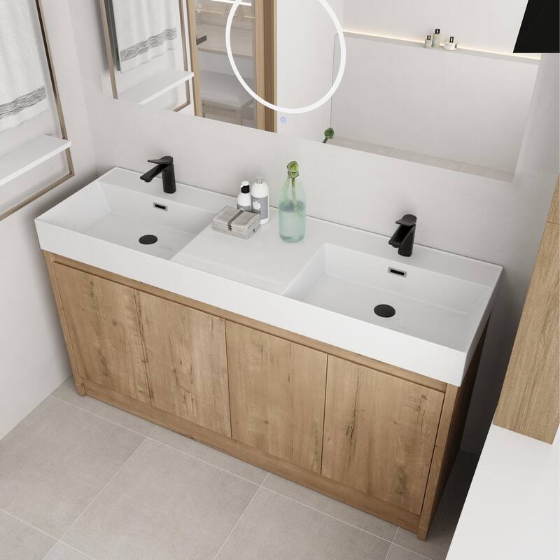 BNK 24/30/48/60 inch Freestanding Resin Sink Bathroom Vanity with Soft Close Door and Adjustable Shelf