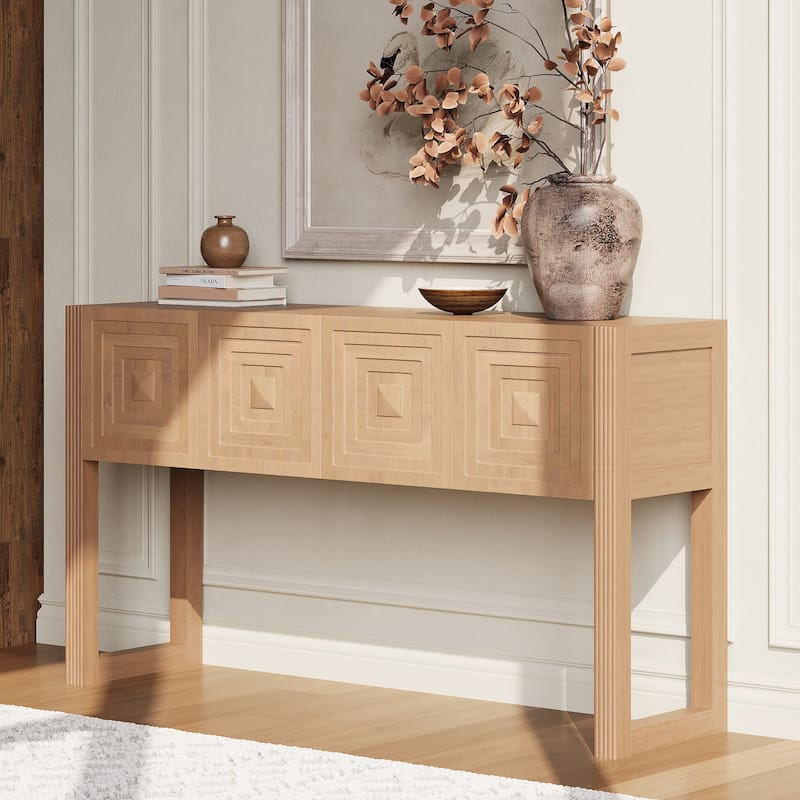 Christopher Knight Home - Modern Geometric Carved Console Table with Soft-Close Drawers & Fluted Legs for Living Room, Hallway