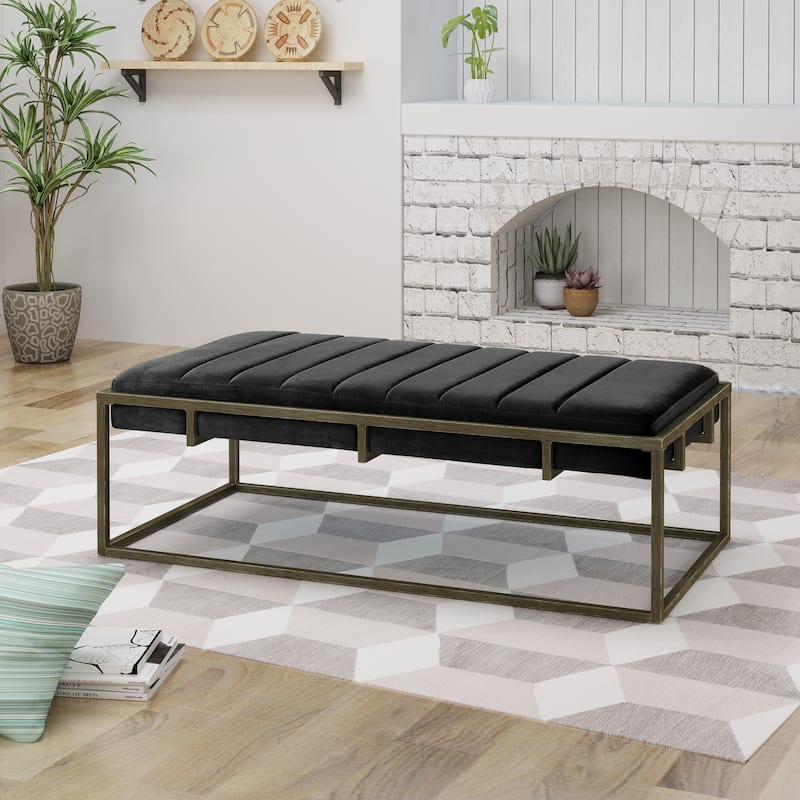 Upholstered Velvet Ottoman Bench with Brass Finish