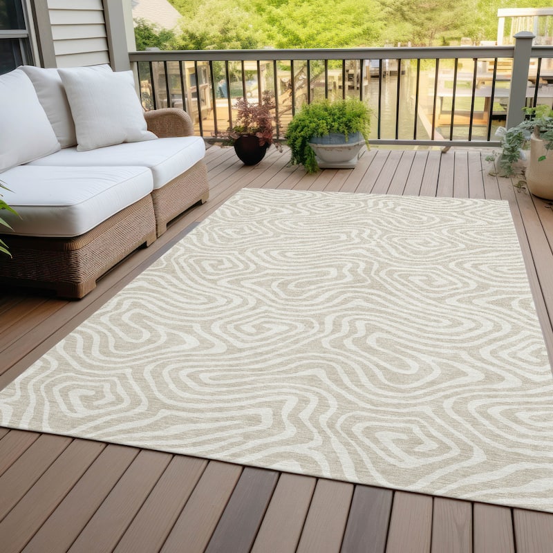 Machine Washable Indoor/ Outdoor Abstract Modern Chantille Rug - Beige - 5' x 7'6"