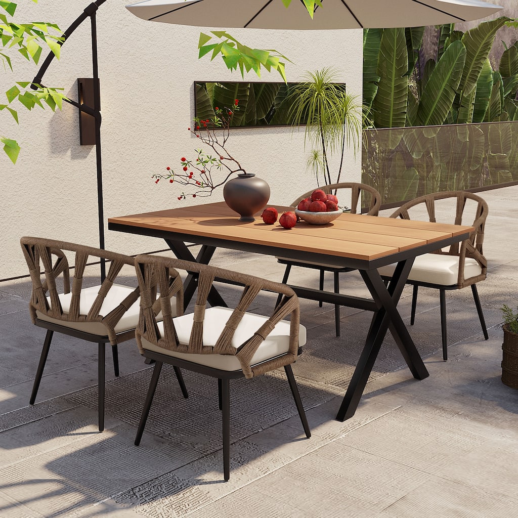 Contemporary Outdoor Dining Set with PE Rattan Chairs, Plastic Wood Dining Table with X-Cross Legs Set for 4