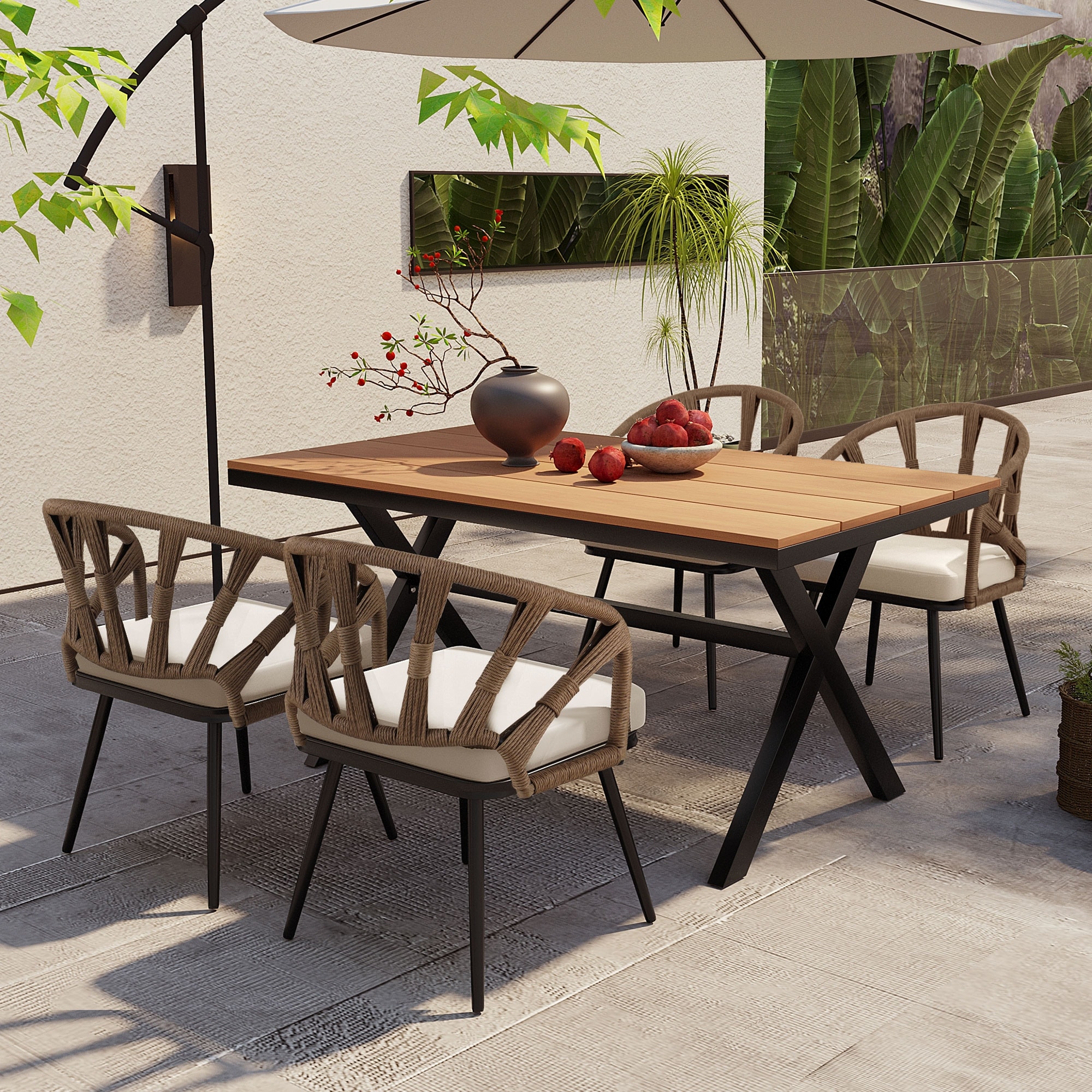 Contemporary Outdoor Set with PE Rattan Chairs & Plastic Wood Table for Gardens & Lawns