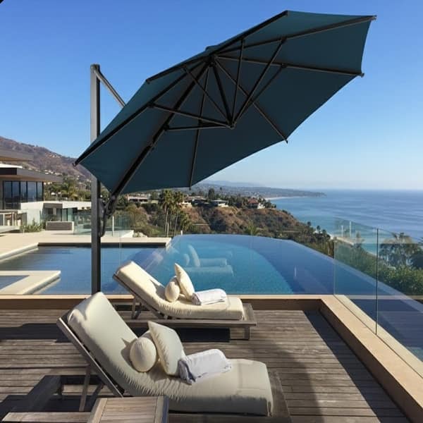dining patio set with umbrella 8 Pieces Rectangle Wood & Aluminum Outdoor Patio Dining Set with Central Pillar Umbrella