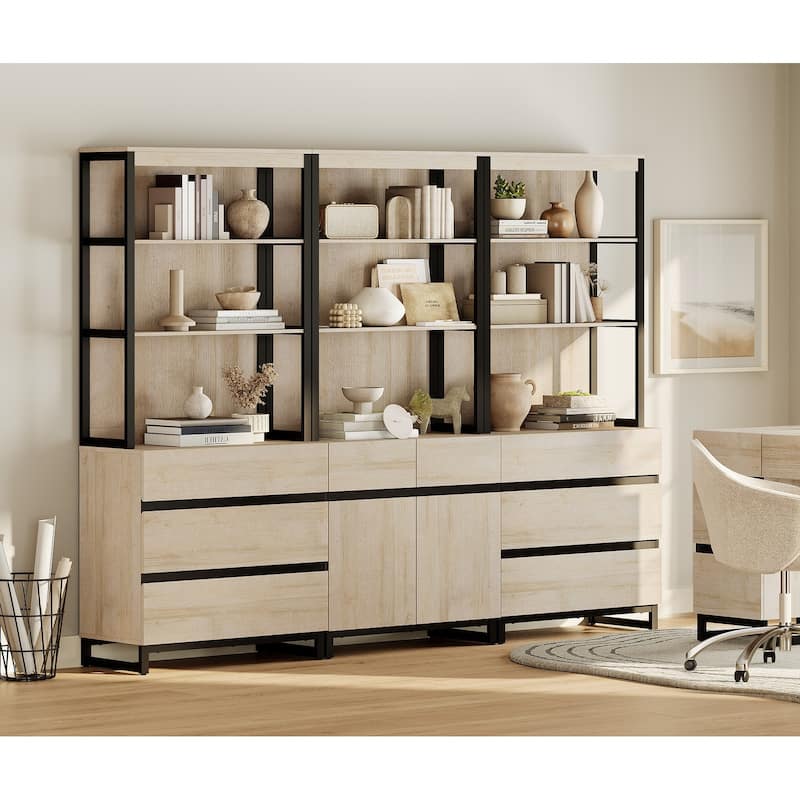 WAMPAT 3-Piece Modern 72" Tall Bookcase with 6 Drawers and Adjustable Shelves