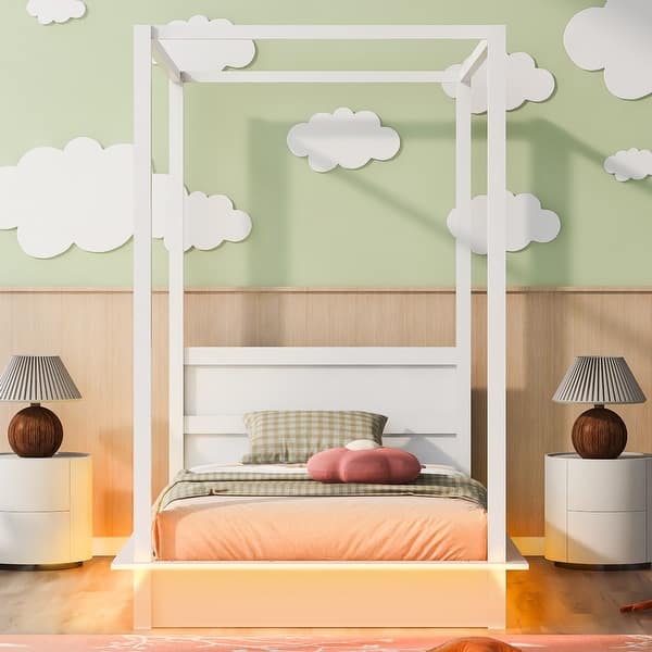 slide 2 of 38, Canopy Bed Frame with Headboard, 4 Posters Wooden Bed Frame, No Box Spring Needed, Mattress Foundation Platform Bed for Kids