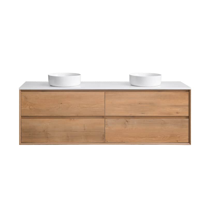 Sylphar 72 inch Toffee Oak Floating Bathroom Vanity with White Quartz Top - Round Sink Style
