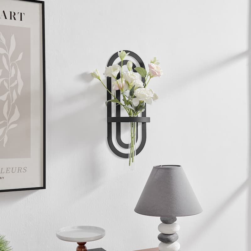 Danya B. Jacob Modern Black Metal Double Oval Frame Clear Glass Wall Mounted Vase