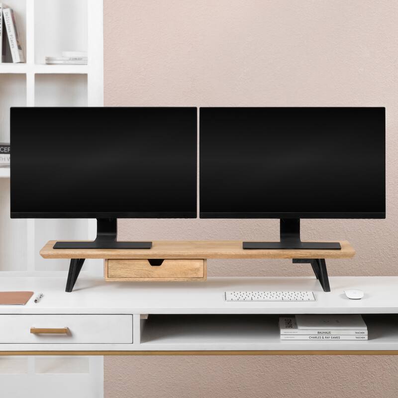 Jani Wood Monitor Stand Riser Desk - Ergonomic Design Stand, Desktop Organizer Table for Home, Office Workspace, Gaming Desk - Yellow