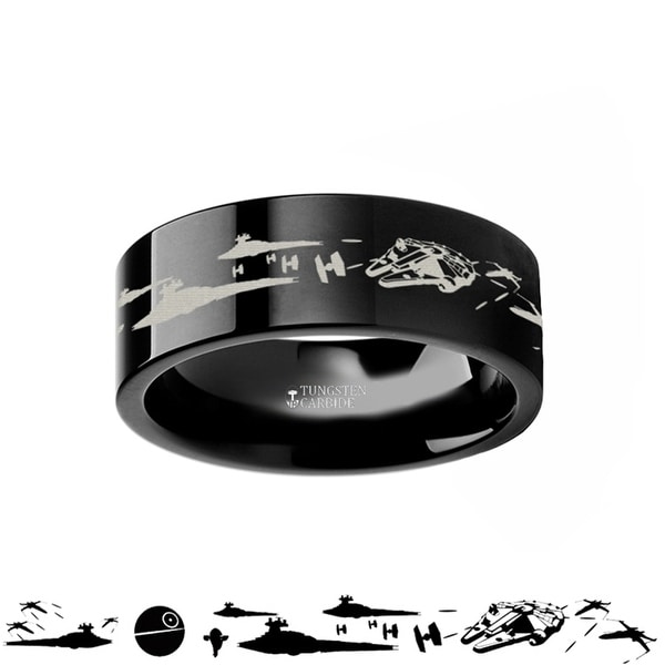 Thorsten Star Wars New Hope Jawas Jabba Palace R2D2 CP3O Ring Flat Black Tungsten Ring 6mm Wide Wedding Band from Roy Rose Jewelry