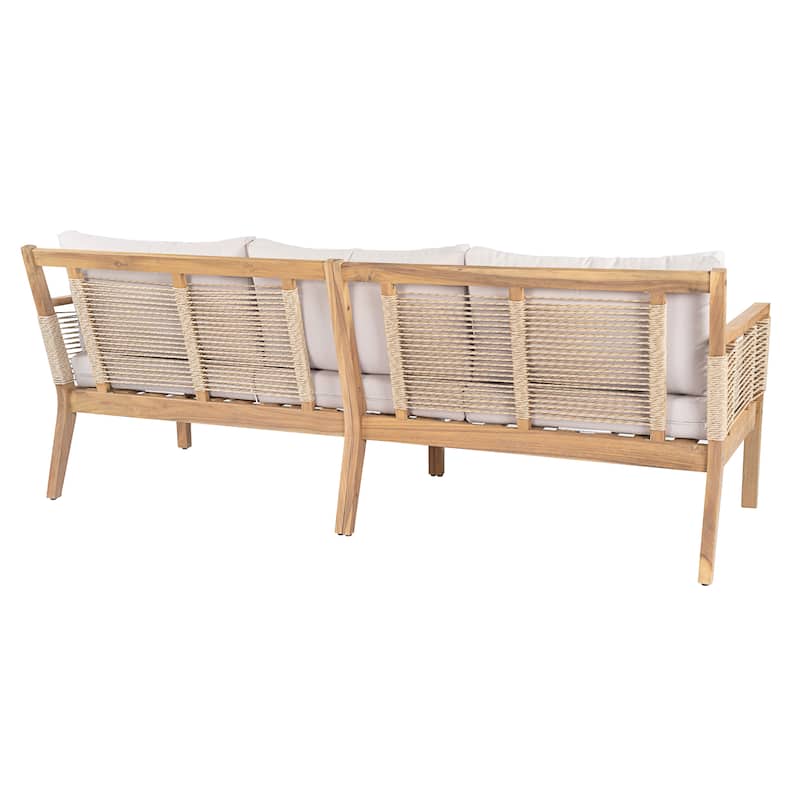 Roomfitters 5-Piece Patio Sofa Set, Modern Rope Weave Outdoor Furniture, 3-Seater Sofa, 2 Armchairs and 2 Tables, Teak+Beige