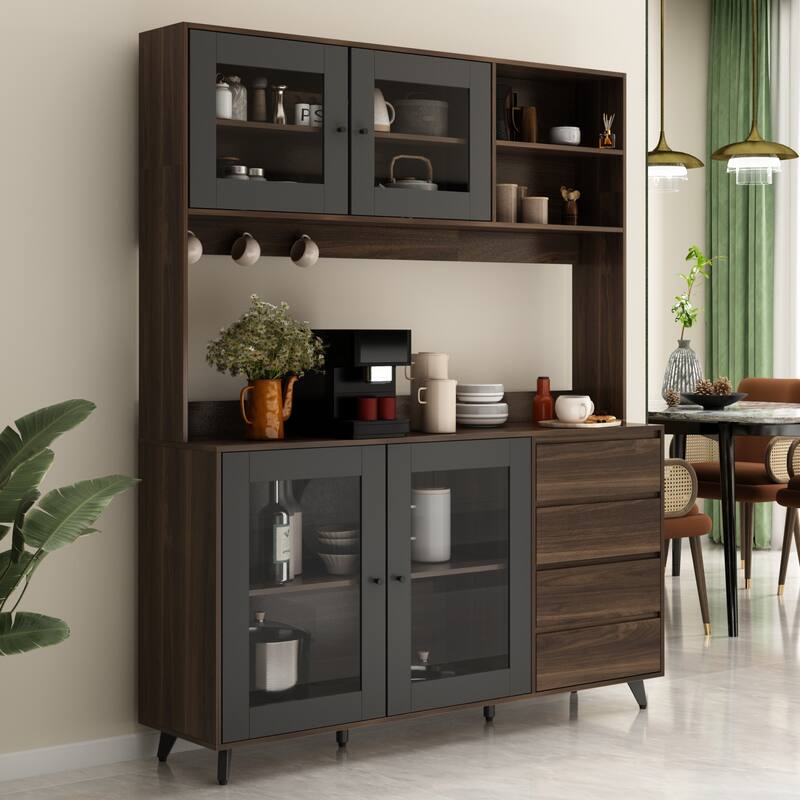 63"W 74.8"W Buffet with Hutch, Freestanding Kitchen Pantry - Dark Walnut