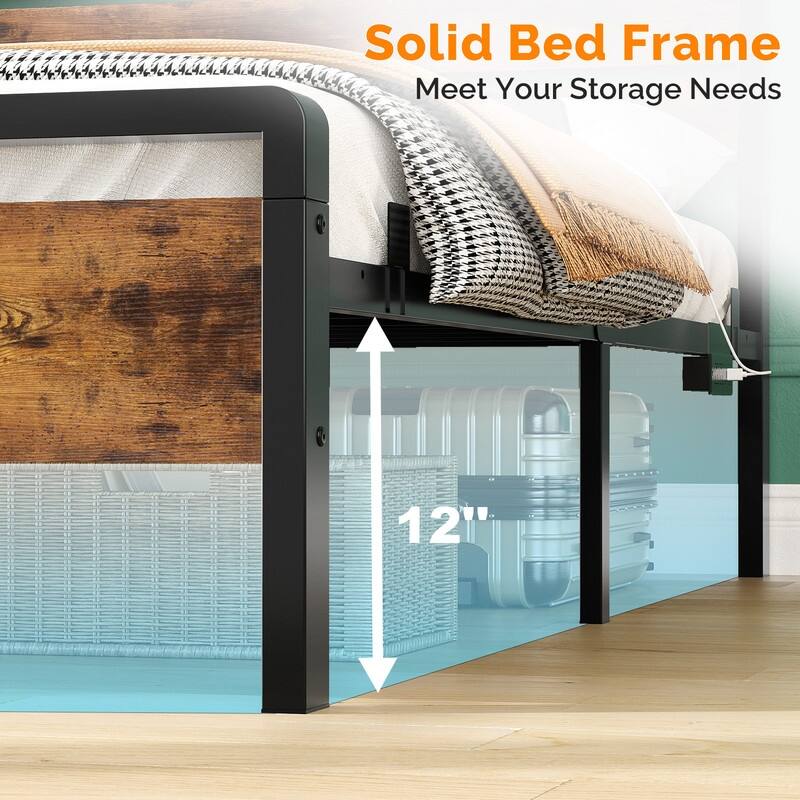 Bed Frame with LED Light and Charging Station, Metal Platform Bed with Wood Headboard