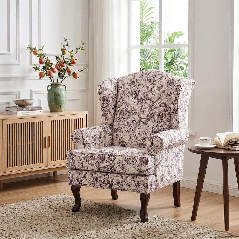Elegant Living Room Wing Back Arm Chair Upholstered Accent Chair - Single Chair - ROCOCO PLUM