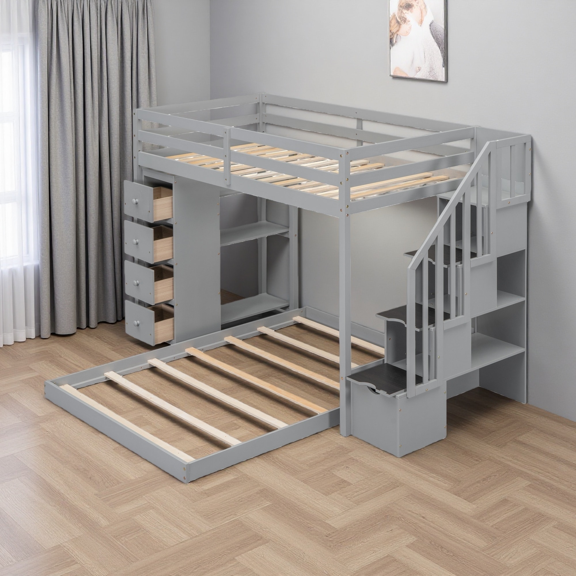 Twin Over Full Wood Bunk Bed with 3-Layer Shelves, Drawers and Storage Stairs
